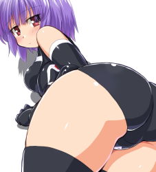 Rule 34 | 10s, 1girl, ass, ass focus, bad id, bad pixiv id, bare shoulders, bent over, black gloves, black thighhighs, blush, breasts, busou shinki, dd (ijigendd), dutch angle, elbow gloves, expressionless, from behind, gloves, leotard, looking at viewer, looking back, pink eyes, purple hair, shadow, short hair, simple background, solo, thigh gap, thighhighs, thighs, white background, zilvern