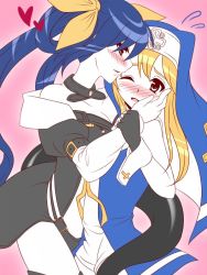 Rule 34 | 1boy, 1girl, blonde hair, blue hair, blush, bridget (guilty gear), choker, dizzy (guilty gear), gomabee, guilty gear, guilty gear xx, hair ornament, hair ribbon, hand on another&#039;s face, mars symbol, nun, red eyes, ribbon, tail, trap, twintails