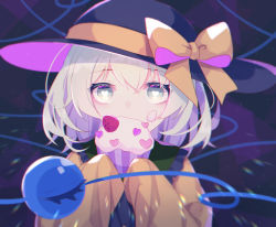Rule 34 | 1girl, black hat, blouse, bow, bright pupils, commentary, covered mouth, cupcake, food, food on face, frilled shirt collar, frilled sleeves, frills, fruit, green eyes, hair between eyes, hands up, hat, hat bow, heart, heart-shaped pupils, highres, holding, holding food, komeiji koishi, light green hair, long sleeves, medium hair, shinketsu kanyu, shirt, sleeves past fingers, sleeves past wrists, solo, strawberry, symbol-shaped pupils, third eye, touhou, upper body, white pupils, wide sleeves, yellow bow, yellow shirt