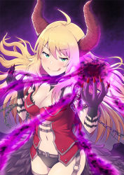 Rule 34 | 1girl, ahoge, belt, black panties, blonde hair, blush, breasts, brown belt, chain, cleavage, commentary request, dark, demon girl, demon horns, feathers, fingernails, green eyes, hair between eyes, horns, hoshii miki, idolmaster, idolmaster (classic), idolmaster million live!, jacket, large breasts, long hair, looking at viewer, magic, nail polish, navel, panties, red horns, red jacket, red nails, sagamiya (sgmy777), sharp fingernails, shirt, sleeveless, sleeveless shirt, smile, solo, tongue, tongue out, underwear