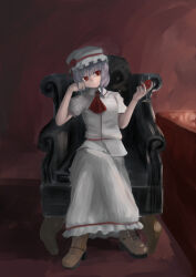 Rule 34 | 1girl, absurdres, armchair, chair, cup, dark, dark room, drinking glass, hand on own face, hat, highres, holding, holding cup, looking at viewer, mob cap, red background, remilia scarlet, shadow, shinkopeishon, solo, touhou, wall, wine glass
