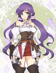 Rule 34 | 1girl, bare shoulders, belt, boots, collarbone, commentary request, corset, cosplay, detached sleeves, final fantasy, final fantasy xiv, fingerless gloves, garter straps, gloves, green eyes, halterneck, ito noizi, knife, long hair, looking at viewer, love live!, love live! school idol project, low twintails, microskirt, purple hair, skirt, solo, thigh boots, thighhighs, tojo nozomi, twintails, very long hair