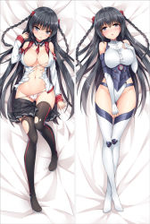Rule 34 | 1girl, bakugadou, bare shoulders, black hair, black skirt, black thighhighs, blue eyes, blush, bow, braid, breasts, cleavage, covered erect nipples, dakimakura (medium), detached sleeves, elbow gloves, eyebrows, fingerless gloves, full body, gloves, groin, hair bow, hand on own chest, hand up, himekawa hayuru, large breasts, long hair, long sleeves, looking at viewer, lying, masou gakuen hxh, multiple views, navel, no bra, no shoes, on back, open mouth, panties, pleated skirt, red bow, skirt, stomach, thighhighs, torn clothes, torn legwear, twin braids, underwear, very long hair, white panties, white thighhighs