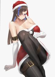 Rule 34 | 1girl, bare shoulders, blue eyes, blue hair, blush, braid, breasts, christmas, cleavage, dress, duel monster, hair over one eye, hat, highres, large breasts, long hair, multicolored hair, red hat, santa costume, santa dress, santa hat, sayaka ikku, solo, streaked hair, thigh strap, witchcrafter haine, yu-gi-oh!