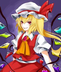 Rule 34 | 1girl, absurdres, ascot, blonde hair, brooch, collared shirt, cowboy shot, crystal, flandre scarlet, hair between eyes, hat, hat ribbon, highres, ichinose rom, jewelry, long hair, looking at viewer, mob cap, multicolored wings, one side up, open mouth, puffy short sleeves, puffy sleeves, purple background, red brooch, red eyes, red ribbon, red skirt, red vest, ribbon, shirt, short sleeves, simple background, skirt, skirt set, solo, teeth, touhou, upper teeth only, vest, white hat, white shirt, wings, yellow ascot