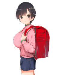 Rule 34 | 1girl, backpack, bag, black hair, blue shorts, bracelet, breasts, brown eyes, commentary request, from side, hair ornament, hairclip, hands up, jewelry, large breasts, long sleeves, looking at viewer, looking to the side, motion lines, oppai loli, original, pink sweater, randoseru, red bag, short hair, short shorts, shorts, simple background, solo, standing, sweater, white background, yaegashi nan