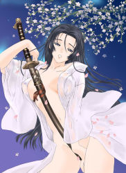 Rule 34 | 1girl, breasts, cowboy shot, flower, holding, holding sword, holding weapon, katana, kinmedai pink, large breasts, naked robe, open clothes, petals, robe, solo, sword, weapon