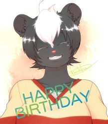 Rule 34 | 1girl, artist request, black hair, copyright request, closed eyes, furry, happy birthday, multicolored hair, open mouth, skunk, tagme, two-tone hair, white hair
