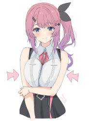 Rule 34 | 1girl, arrow (symbol), blue eyes, breasts, closed mouth, copyright request, kichihachi, kuramochi meruto, kuramochi meruto (1st costume), large breasts, long hair, looking at viewer, nijisanji, pink hair, simple background, smile, solo, virtual youtuber, white background