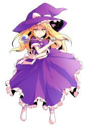 Rule 34 | &gt;:), 1girl, alphes (style), blonde hair, bobby socks, bow, closed mouth, dairi, dress, eyebrows, frilled dress, frilled hat, frills, full body, hair between eyes, hat, hat bow, highres, holding, holding wand, kirisame marisa, kirisame marisa (pc-98), legs apart, long hair, orb, palms, parody, purple dress, scepter, short sleeves, sidelocks, smile, socks, solo, standing, style parody, touhou, transparent background, v-shaped eyebrows, wand, white bow, white socks, witch, witch hat, yellow eyes