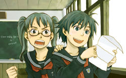 Rule 34 | 00s, 2girls, androgynous, angry, blush, board eraser, chalkboard, classroom, clenched hand, fang, glasses, green eyes, green hair, hand on shoulder, holding, holding paper, indoors, konno makoto, long hair, multiple girls, naotan, open mouth, original, paper, school, school uniform, short hair, silver hair, smile, sweatdrop, teeth, toki wo kakeru shoujo, twintails