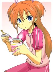 Rule 34 | 10s, 1girl, black background, blue eyes, choutako, flat chest, food, houjou hibiki, long hair, looking at viewer, noodles, orange hair, precure, ramen, small breasts, solo, source request, suite precure, track suit, white background