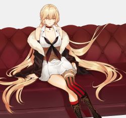 Rule 34 | 1girl, absurdres, asawa (dm owr), asymmetrical legwear, bare shoulders, blonde hair, boots, braid, breasts, choker, cleavage, commission, couch, dress, fur trim, girls&#039; frontline, highres, knee boots, long hair, low twintails, medium breasts, mismatched legwear, neckerchief, off shoulder, orange eyes, ots-14 (girls&#039; frontline), second-party source, short dress, sitting, skeb commission, solo, twintails, very long hair
