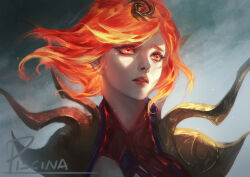 Rule 34 | 1girl, absurdres, artist name, elementalist lux, grey background, hair ornament, highres, league of legends, lipstick, looking at viewer, lux (league of legends), makeup, official alternate costume, orange hair, piscina, red eyes, red hair, solo, upper body