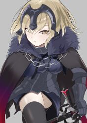 Rule 34 | 1girl, absurdres, armor, armored dress, black dress, black thighhighs, blonde hair, breasts, chain, collar, dress, fate/grand order, fate (series), faulds, gauntlets, headpiece, highres, jeanne d&#039;arc alter (avenger) (fate), jeanne d&#039;arc alter (fate), large breasts, looking at viewer, metal collar, nigori (keydoor), plackart, short hair, solo, sword, thighhighs, thighs, weapon, yellow eyes