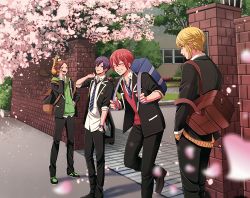 Rule 34 | 4boys, aho no sakata, animal, animal on shoulder, backpack, bag, black jacket, black pants, blazer, blonde hair, blurry, brick wall, brown hair, cardigan, cherry blossoms, closed eyes, collared shirt, crest, depth of field, grin, hand in pocket, hand on own hip, hand to own mouth, hand up, holding strap, hood, hoodie, jacket, looking at another, male focus, multiple boys, necktie, niconico, official art, open clothes, open jacket, open mouth, outdoors, pants, petals, purple hair, red eyes, red hair, red sweater, school, school bag, school uniform, senra (utaite), shima (utaite), shirt, shoes, smile, sneakers, standing, striped necktie, striped neckwear, sweater, tanuki, tsukimori fuyuka, urashimasakatasen, urata, utaite, wall, watch, white shirt, wristwatch