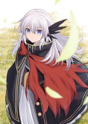 Rule 34 | 1girl, black cloak, blue eyes, bright pupils, cape, cloak, cross (crossryou), crossed bangs, fate/grand order, fate (series), feather hair ornament, feathers, hair between eyes, hair ornament, highres, long hair, looking at viewer, red cape, red cloak, saika magoichi (fate), sidelocks, solo, white hair, white pupils