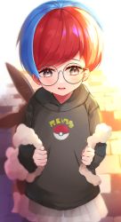 Rule 34 | 1girl, backpack, bag, blue hair, blurry, brown bag, commentary request, creatures (company), eyelashes, game freak, glasses, grey eyes, highres, hood, hoodie, multicolored hair, nintendo, open mouth, penny (pokemon), pokemon, pokemon sv, red hair, round eyewear, samoneko (nekozuki0404), see-through, see-through skirt, short hair, shorts, shorts under skirt, skirt, solo, sweat, two-tone hair