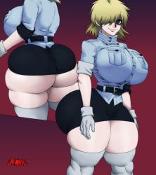 Rule 34 | 1girl, ass, blonde hair, blue eyes, breasts, clothes, female focus, gloves, gradient background, hair over one eye, hellsing, highres, huge ass, jay-marvel, large breasts, looking at viewer, looking back, naughty face, seras victoria, short hair, smile, solo, thighhighs, white gloves, white thighhighs