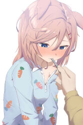 Rule 34 | 1girl, 1other, animal ears, blonde hair, blue eyes, blue pajamas, carrot print, chahanramen, closed mouth, collarbone, commentary request, ears down, fever, food print, hair ornament, hairclip, highres, holding, holding thermometer, horse ears, horse girl, horse tail, long bangs, long hair, long sleeves, mouth hold, pajamas, sick, simple background, solo focus, tail, thermometer, umamusume, venus paques (umamusume), white background