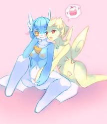 Rule 34 | 2girls, alternate color, blonde hair, blue hair, blush, breasts, cherry, clitoris, collarbone, creatures (company), cupcake, drooling, fingering, food, fruit, full body, furry, game freak, gardevoir, gen 2 pokemon, gen 3 pokemon, hand on own face, hand up, heart, highres, medium breasts, multiple girls, nintendo, nipples, one eye closed, open mouth, orange eyes, personification, pink background, pokemon, pokemon (creature), pokemon gsc, pokemon rse, pussy, pussy juice, pussy juice trail, raikissu, red eyes, saliva, shiny pokemon, short hair, simple background, sitting, smile, spread legs, togetic, uncensored, wings, wink, yuri