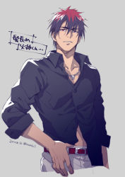 Rule 34 | 1boy, alternate costume, belt, belt buckle, black shirt, buckle, collared shirt, hand in pants, jewelry, kagami taiga, kuroko no basuke, looking at viewer, male focus, necklace, pants, parted lips, red eyes, red hair, ring, ring necklace, shirt, sleeves rolled up, smirk, solo, torisu, white pants