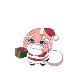 1girl blue_eyes box gift gift_box hair_between_eyes head_wings hololive looking_at_viewer pink_hair santa_costume short_hair smile solo takane_lui twumi virtual_youtuber wings