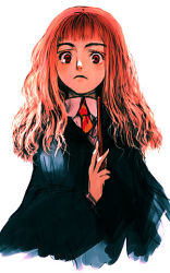 Rule 34 | 1girl, brown eyes, brown hair, closed mouth, gryffindor, harry potter (series), hermione granger, hogwarts school uniform, holding, long hair, looking at viewer, lowres, necktie, sakamoto mineji, school uniform, simple background, solo, wand, white background, wizarding world