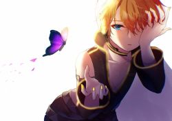 Rule 34 | 1boy, aryuma772, belt, black vest, blonde hair, bloom, blue eyes, bug, butterfly, choker, collarbone, commentary, detached sleeves, hand over eye, headphones, headset, highres, bug, kagamine len, leaning forward, male focus, migikata no chou (vocaloid), nail polish, punkish (module), purple butterfly, sidelighting, sideways glance, upper body, vest, vocaloid, yellow nails
