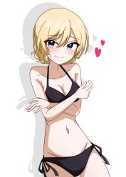 Rule 34 | 1girl, absurdres, bikini, black bikini, blonde hair, blue eyes, blush, braid, breasts, cleavage, closed mouth, commentary, covering breasts, covering privates, cowboy shot, darjeeling (girls und panzer), girls und panzer, groin, halterneck, heart, highres, looking at viewer, medium breasts, motti (motthi0711), navel, shadow, short hair, side-tie bikini bottom, simple background, smile, solo, split mouth, standing, sweatdrop, swimsuit, tearing up, twin braids, white background