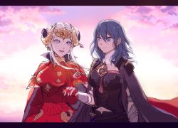 Rule 34 | 2girls, armor, bad id, bad twitter id, breasts, byleth (female) (fire emblem), byleth (fire emblem), cape, closed mouth, couple, doku ringo36, edelgard von hresvelg, fire emblem, fire emblem: three houses, gloves, hair ornament, highres, horns, large breasts, long hair, medium breasts, multiple girls, nintendo, pantyhose, purple eyes, purple hair, red cape, short hair, simple background, smile, upper body, white hair, yuri