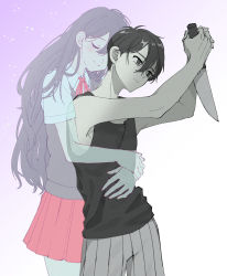 Rule 34 | 1boy, 1girl, armpits, black eyes, black hair, black shirt, black sweater vest, brother and sister, closed eyes, collared shirt, commentary request, ghost, grey shorts, holding, holding knife, hug, hug from behind, kitchen knife, knife, long hair, mari (faraway) (omori), mari (omori), neck ribbon, omori, peril, pleated skirt, red ribbon, red skirt, ribbon, shirt, short hair, shorts, siblings, skirt, sleeveless, smile, spoilers, striped clothes, striped shorts, suicide, sunny (omori), sweater vest, tank top, tio zomi, white shirt