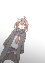 Rule 34 | 1girl, ahoge, akara kai, black coat, black sailor collar, black scarf, black skirt, black thighhighs, brown eyes, coat, gradient background, grey background, highres, hood, hooded coat, ikazuchi (kancolle), kantai collection, long sleeves, neckerchief, negative space, pleated skirt, red neckerchief, sailor collar, scarf, shirt, short hair, skirt, solo, standing, striped clothes, striped scarf, thighhighs, white background, white shirt