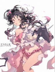 Rule 34 | 1girl, :d, arknights, black hair, blurry, blurry foreground, bra, dadijiji, dress, eyjafjalla (arknights), eyjafjalla (summer flower) (arknights), female focus, frilled dress, frilled panties, frills, hair between eyes, hair ornament, holding, holding staff, long hair, looking at viewer, official alternate costume, one eye closed, open mouth, panties, pink bra, pink eyes, pink panties, simple background, smile, staff, swimsuit cover-up, underwear, wavy hair, white background, white dress