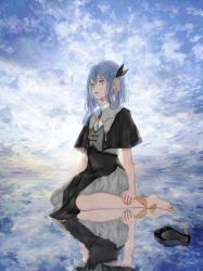 Rule 34 | 1girl, absurdres, anklet, barefoot, black dress, blue eyes, brooch, day, dress, hair between eyes, hair ornament, highres, jewelry, kamitsubaki studio, long hair, outdoors, reflection, shirone (coxo ii), shoes, short sleeves, silver hair, sitting, solo, unworn shoes, virtual youtuber