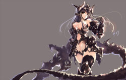 Rule 34 | 1girl, armor, black hair, black thighhighs, breasts, demon girl, faulds, gauntlets, grey background, horns, long hair, navel, original, parted lips, red eyes, signature, simple background, solo, tail, thighhighs, thighs, windforcelan