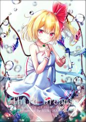 Rule 34 | 1girl, alternate costume, bare arms, bare shoulders, bird, blonde hair, blue flower, blue rose, blurry, blurry background, blush, breasts, clover, collarbone, commentary request, cover, cowboy shot, crystal, dress, english text, flandre scarlet, flower, gradient background, green background, hair between eyes, hair ribbon, highres, holding, looking at viewer, no headwear, one side up, petticoat, red eyes, red ribbon, renka (cloudsaikou), ribbon, rose, sash, short hair, small breasts, smile, solo, spaghetti strap, standing, thighs, touhou, water drop, white background, white dress, white sash, wings, wrist cuffs