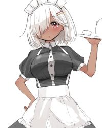 Rule 34 | 1girl, :o, apron, black dress, blush, breasts, dark skin, dark-skinned female, dress, hair ornament, hair over one eye, hairclip, hand on own hip, hand up, holding, large breasts, looking at viewer, maid, maid apron, maid headdress, malice stella, one eye covered, original, red eyes, short hair, short sleeves, simple background, solo, standing, tray, white apron, white background, white hair