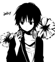Rule 34 | 1boy, anzu (o6v6o), collarbone, floral background, frown, greyscale, hand on headphones, headphones, headphones around neck, high contrast, jacket, jelly (vocaloid), lowres, male focus, monochrome, shirt, solo, song name, upper body, v-shaped eyebrows, vocaloid