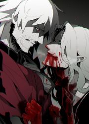 Rule 34 | 10s, 2boys, blood, blood on face, blood on hands, blue eyes, commentary request, facial hair, fate/apocrypha, fate/extra, fate/grand order, fate (series), goatee, grimace, koshiro itsuki, long hair, multiple boys, mustache, partially colored, pointy ears, red eyes, shaded face, short hair, smile, spiked hair, upper body, vlad iii (fate/apocrypha), vlad iii (fate/extra)