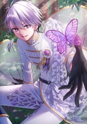 Rule 34 | 1boy, absurdres, belt, black gloves, bug, butterfly, dated, day, gloves, happy birthday, highres, idolish7, ikurikaito, bug, looking at viewer, male focus, osaka sougo, outdoors, pants, purple butterfly, purple eyes, sitting, smile, solo, white hair, white pants