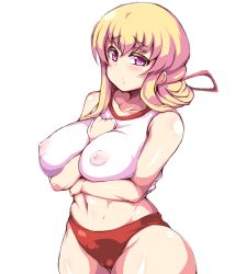 Rule 34 | 1girl, bad id, bad pixiv id, bare shoulders, between breasts, blonde hair, breasts, cameltoe, cleft of venus, female focus, hand on own chest, highres, large breasts, moisture (chichi), pink eyes, short hair, simple background, solo, tank top, thick thighs, thighs, touhou, white background, yakumo yukari