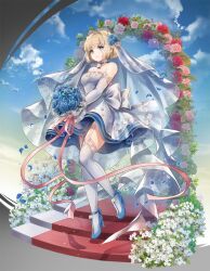 Rule 34 | 1girl, altar, arch, bare shoulders, blonde hair, blue flower, bouquet, bridal garter, bridal veil, bride, brown dust 2, cloud, cloudy sky, dress, floral arch, floral print, flower, full body, high heels, highres, hobak, holding, holding bouquet, justia (brown dust), rose, see-through, see-through veil, short hair, sky, small horns, solo, stairs, strapless, strapless dress, veil, wedding dress