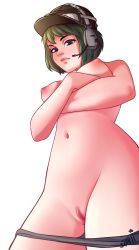 Rule 34 | 1girl, bare shoulders, breasts, crossed arms, ela (rainbow six siege), frown, goggles, green eyes, green hair, hat, headphones, highres, looking at viewer, looking down, medium breasts, navel, nipples, panties, panties around ankles, panty pull, pussy, rainbow six siege, short hair, simple background, solo, solo focus, starli (starlianechan), thick thighs, thighs, topless, underwear, underwear only, white background