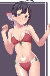 Rule 34 | 1girl, absurdres, ahoge, alternate costume, bikini, black hair, breasts, brown eyes, chirashi (so), commentary request, cowboy shot, cut bangs, fujinami (kancolle), gluteal fold, grey background, hair ribbon, highres, kantai collection, long hair, navel, red bikini, revision, ribbon, side-tie bikini bottom, side ponytail, small breasts, solo, swimsuit, two-tone bikini, w arms, white ribbon