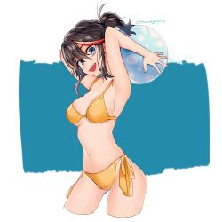 Rule 34 | 1girl, 320 (romsen), armpits, arms behind head, arms up, bad id, bad pixiv id, ball, beachball, bikini, black hair, blue eyes, breasts, cleavage, cowboy shot, cropped legs, fang, gluteal fold, hair up, head tilt, holding, kill la kill, looking at viewer, matoi ryuuko, medium breasts, multicolored hair, navel, open mouth, outside border, short hair, short ponytail, simple background, skindentation, smile, solo, standing, streaked hair, swimsuit, thighs, twitter username, two-tone hair, yellow bikini