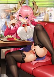 Rule 34 | 1girl, absurdres, bandaid, black panties, blue skirt, bow, bowtie, braid, breasts, brown thighhighs, censored, cleavage, clothes lift, clothing aside, cum, cum in pussy, cumdrip, cup, drinking straw, drinking straw in mouth, food print, french braid, genshin impact, hair between eyes, hair ornament, highres, holding, holding cup, indoors, lace, lace-trimmed thighhighs, large breasts, light blush, long hair, long sleeves, looking at viewer, mosaic censoring, niliu chahui, panties, panties aside, pink hair, print bandaid, purple eyes, pussy, red bow, red bowtie, school uniform, shirt, sitting, skirt, skirt lift, solo focus, spread legs, spread pussy, strawberry print, thighhighs, tokisaki asaba (niliu chahui), tray, underwear, very long hair, white shirt, yae miko