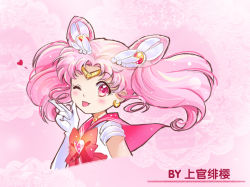 Rule 34 | 1girl, ;p, artist name, bishoujo senshi sailor moon, bishoujo senshi sailor moon s, blush, bow, brooch, chibi usa, chinese text, circlet, cone hair bun, crescent, crescent earrings, double bun, earrings, gloves, hair bun, hair ornament, hairpin, heart, heart brooch, jewelry, jokanhiyou, magical girl, one eye closed, pink background, pink hair, pink theme, red bow, sailor chibi moon, sailor collar, short hair, solo, tiara, tongue, tongue out, twintails, upper body, white gloves