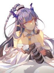 Rule 34 | 1girl, absurdres, arknights, bare shoulders, black gloves, blouse, blue eyes, blue hair, blunt bangs, braid, choko (cup), closed mouth, cup, detached collar, earrings, gloves, gradient hair, head tilt, highres, holding, holding cup, huayi, jewelry, ling (arknights), long sleeves, looking at viewer, lying, multicolored hair, necktie, off shoulder, on stomach, pointy ears, red hair, shirt, simple background, smile, solo, strapless, strapless shirt, streaked hair, two-tone hair, white background, white hair, white shirt, wide sleeves, yellow necktie