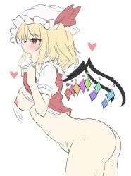 Rule 34 | 1girl, absurdres, aroused, ass, blonde hair, blush, bottomless, bow, breasts, breasts out, clothes lift, commentary, cowboy shot, crystal, flandre scarlet, from side, hair between eyes, hat, hat bow, highres, lifted by self, looking afar, medium breasts, medium hair, mob cap, motion lines, nipples, one side up, open mouth, profile, rainbow order, red bow, red eyes, shirt, shirt lift, short sleeves, sideboob, simple background, sketch, solo, sweat, tongue, tongue out, touhou, tsurime, vest lift, white background, white hat, white shirt, wings, youmu-kun